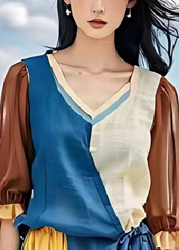 Colorblock Asymmetrical Patchwork Linen Cinched Dress Summer
