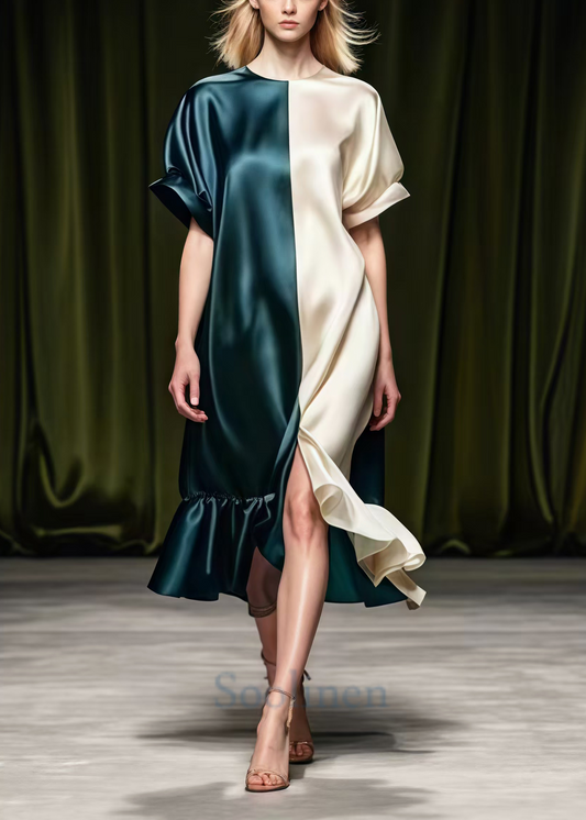 Colorblock Asymmetrical Patchwork Side Open Silk Vacation Dresses Summer