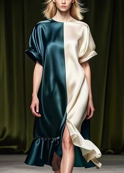Colorblock Asymmetrical Patchwork Side Open Silk Vacation Dresses Summer