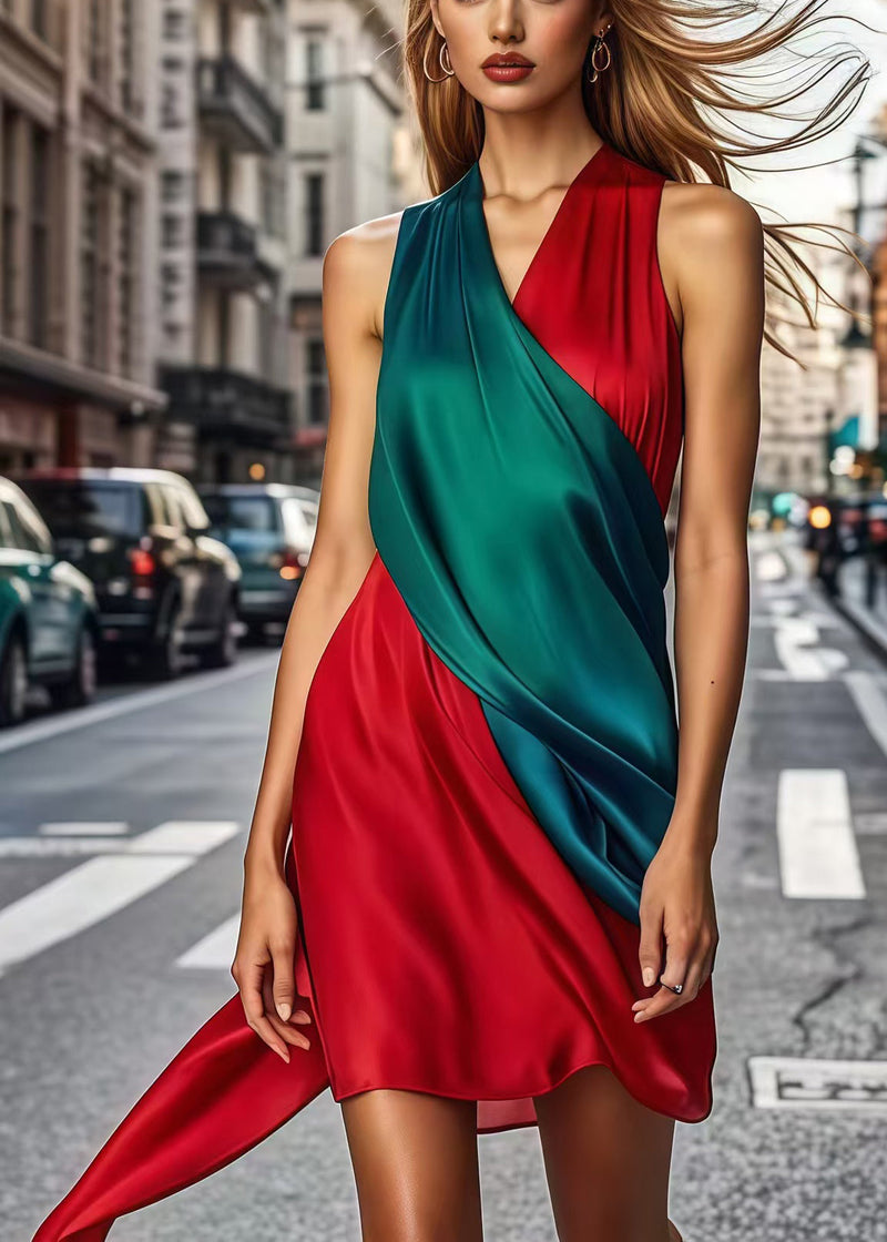 Colorblock Asymmetrical Patchwork Silk Work Dress Sleeveless