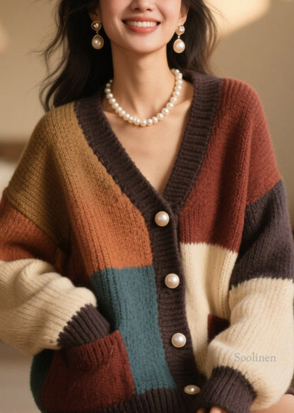 Colorblock Button Pockets Knit Cardigan Fall
