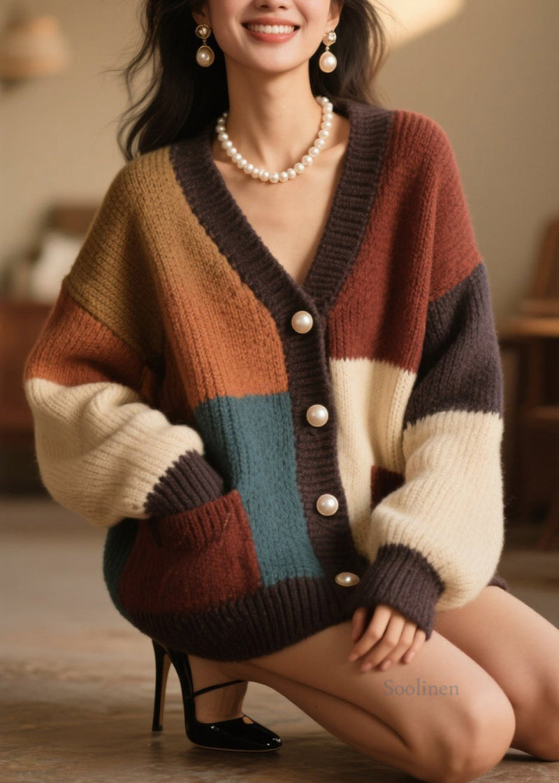 Colorblock Button Pockets Knit Cardigan Fall
