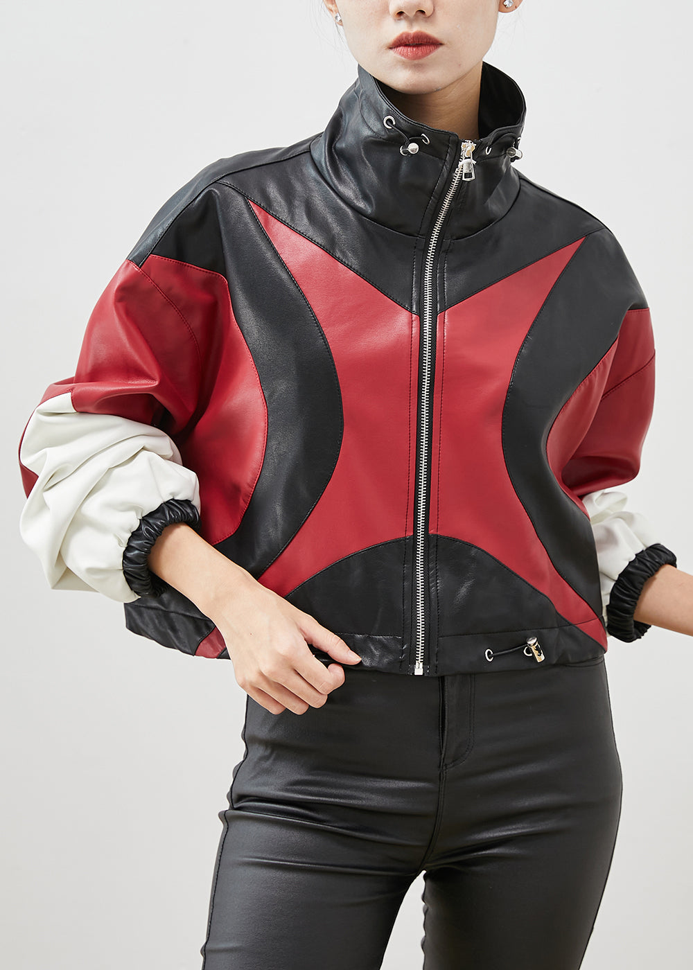 Colorblock Drawstring Patchwork Faux Leather Jackets Spring
