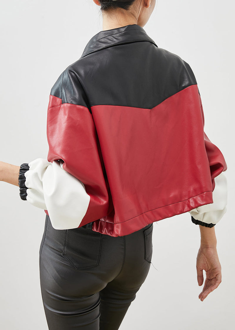 Colorblock Drawstring Patchwork Faux Leather Jackets Spring
