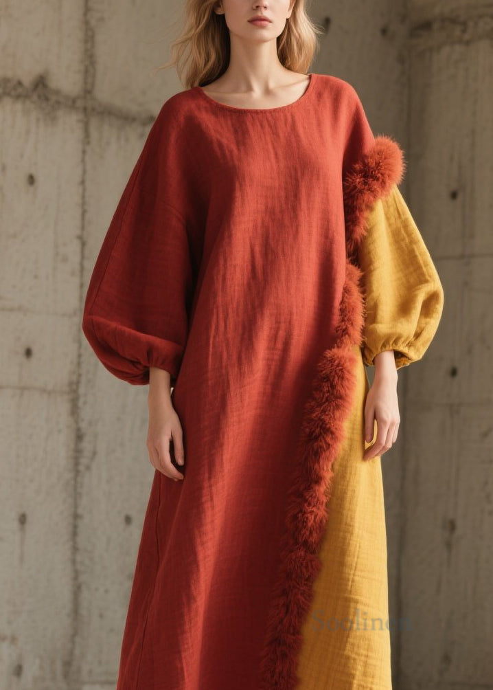 Colorblock Fuzzy Fur Fluffy Patchwork Cotton Long Dress Fall