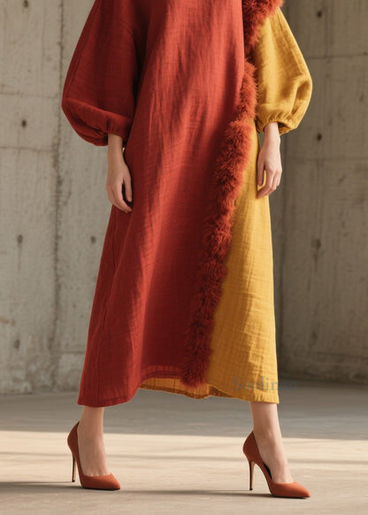 Colorblock Fuzzy Fur Fluffy Patchwork Cotton Long Dress Fall