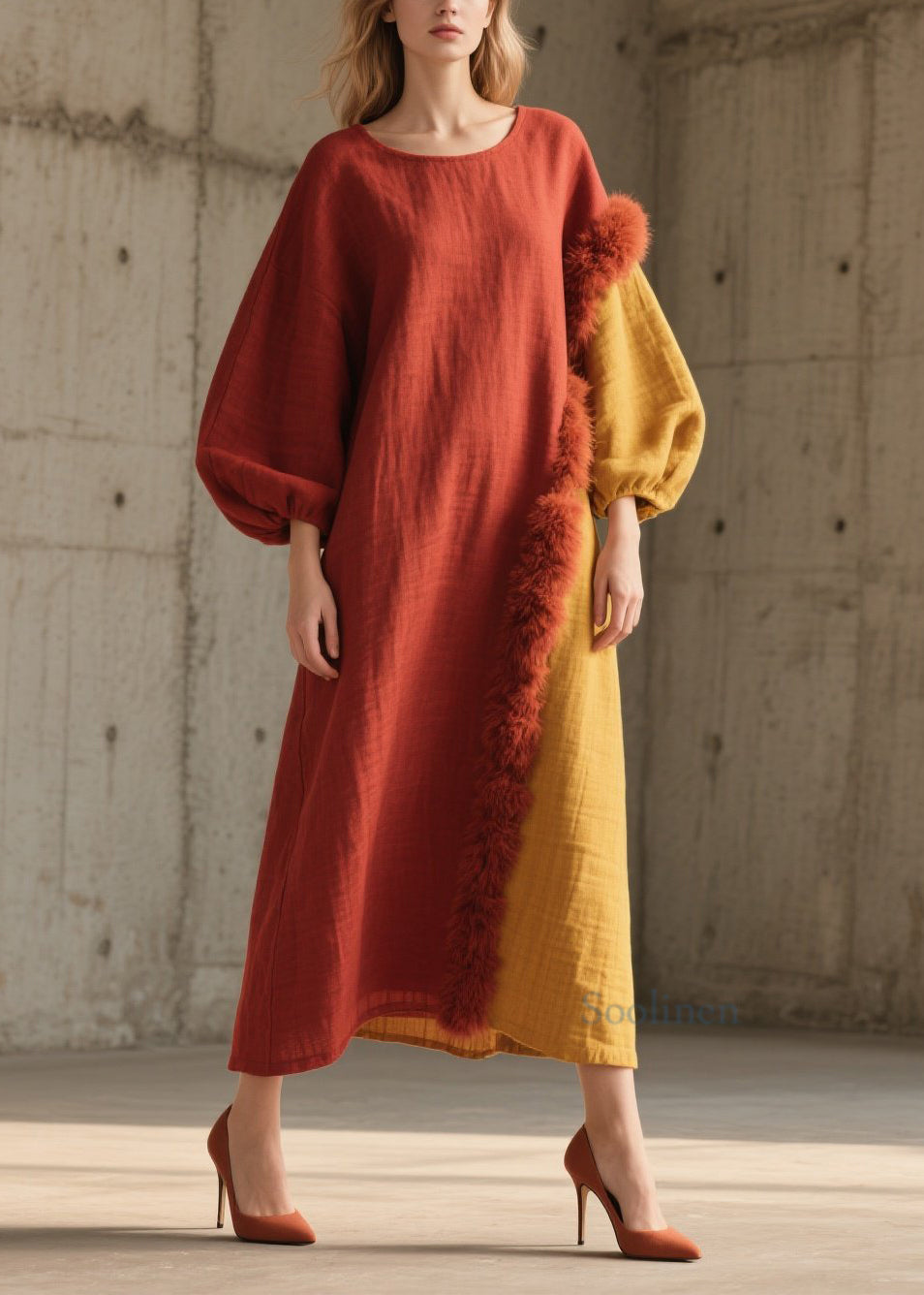 Colorblock Fuzzy Fur Fluffy Patchwork Cotton Long Dress Fall