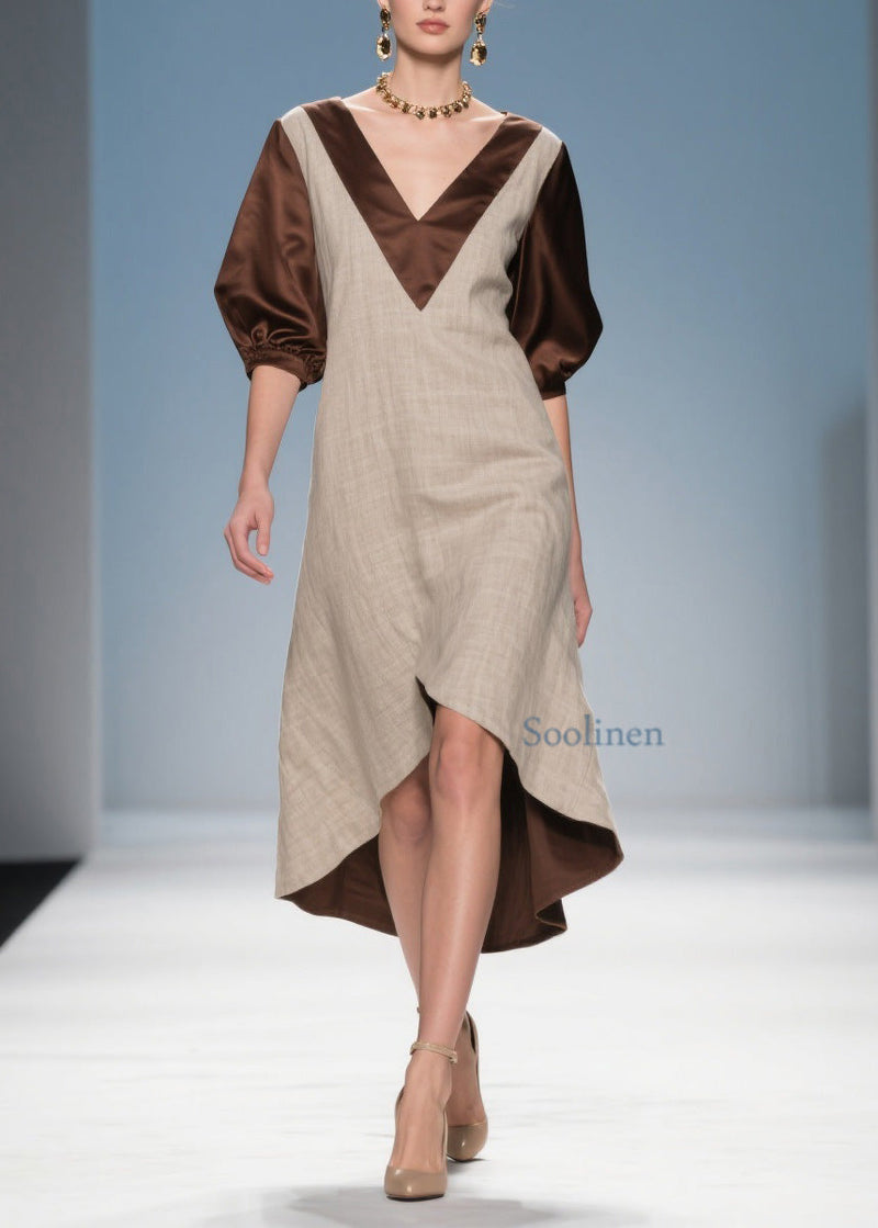 Colorblock Low High Design Patchwork Linen Silk Dress Summer