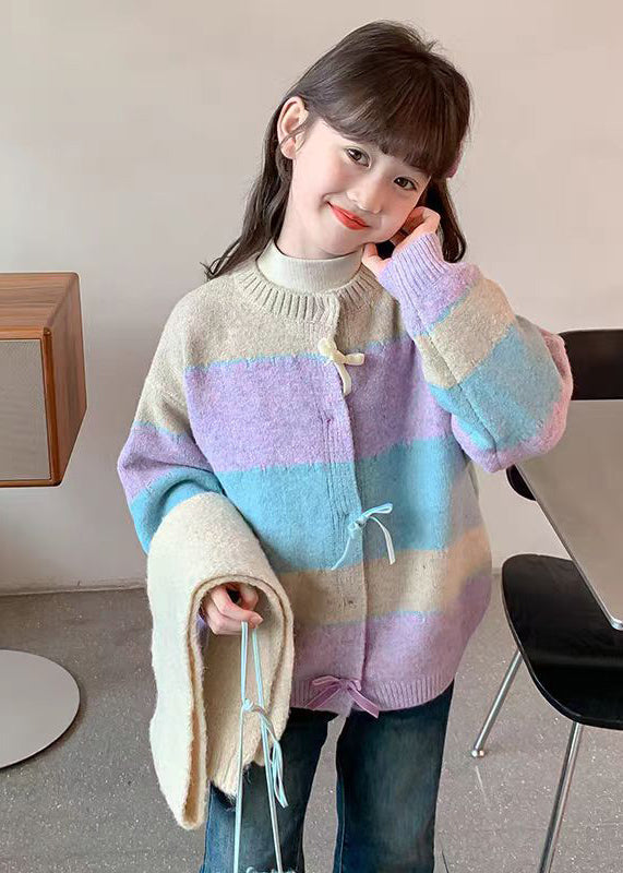 Colorblock O-neck Button Cotton Knit Cardigan Spring