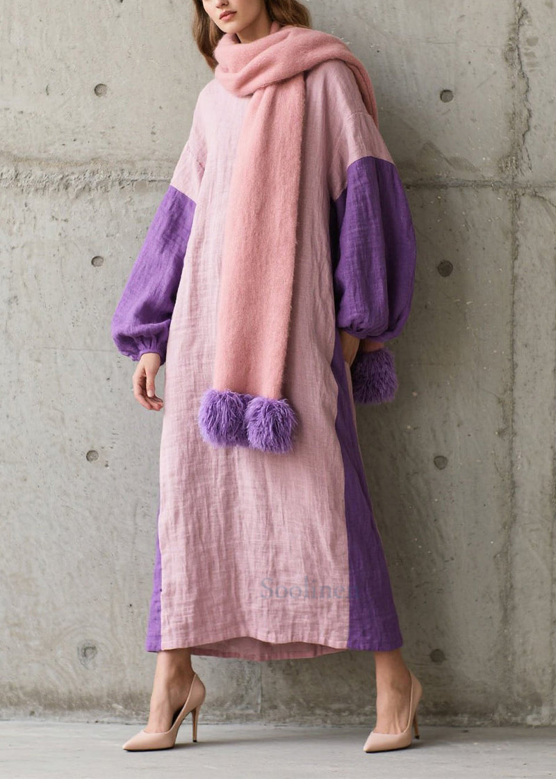 Colorblock O Neck Patchwork Cotton Dress Fall