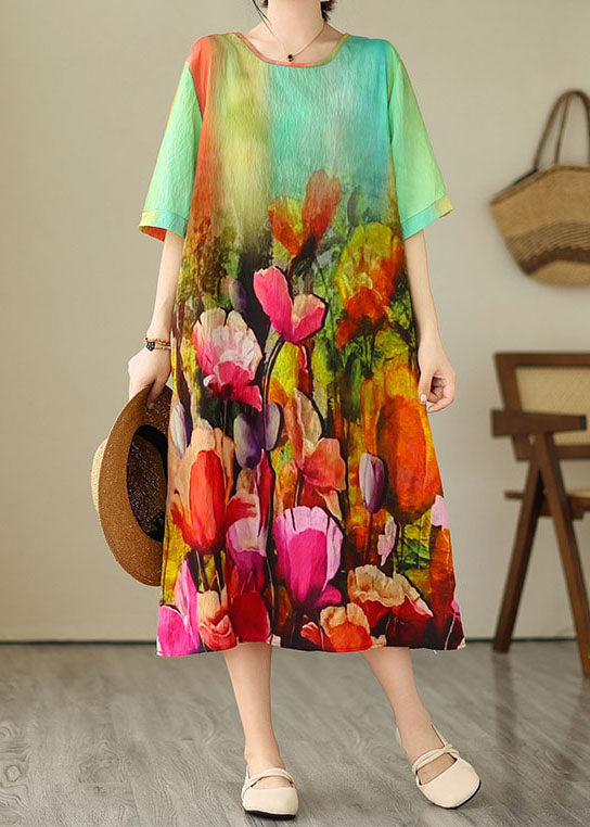 Colorblock O Neck Print Patchwork Cotton Dress Summer