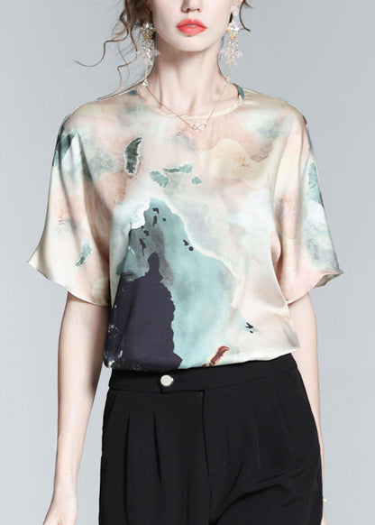 Colorblock O Neck Print Silk T Shirt Top Summer