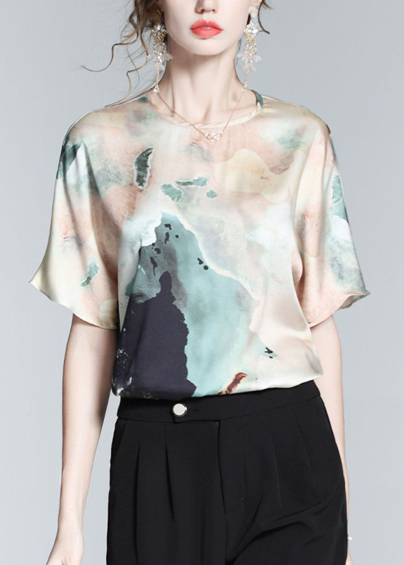 Colorblock O Neck Print Silk T Shirt Top Summer