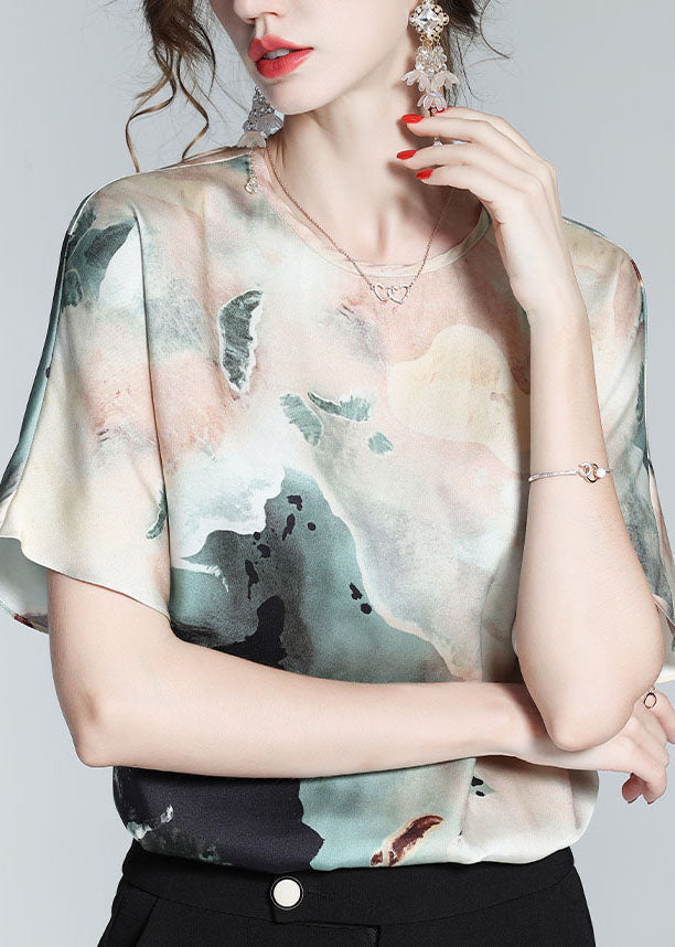 Colorblock O Neck Print Silk T Shirt Top Summer