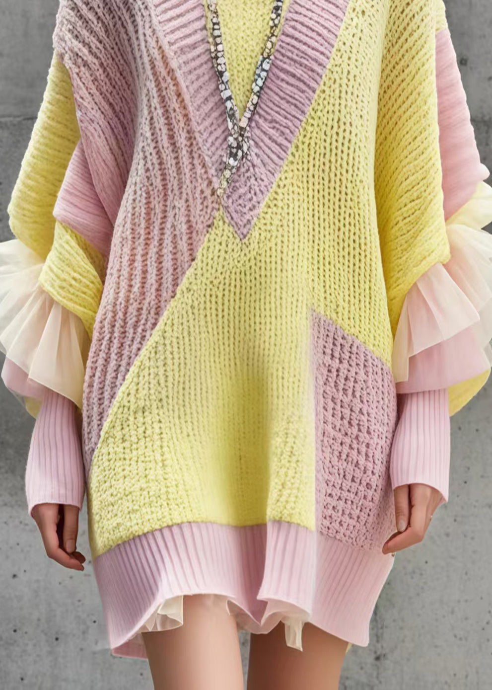 Colorblock Oversized Patchwork Long Sweater Batwing Sleeve