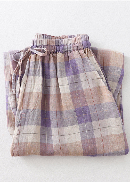 Colorblock Oversized Plaid Linen Harem Pants Summer