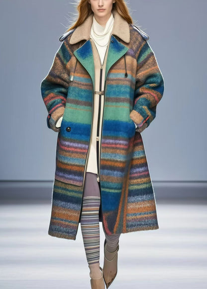 Colorblock Oversized Striped Woolen Coats Fall