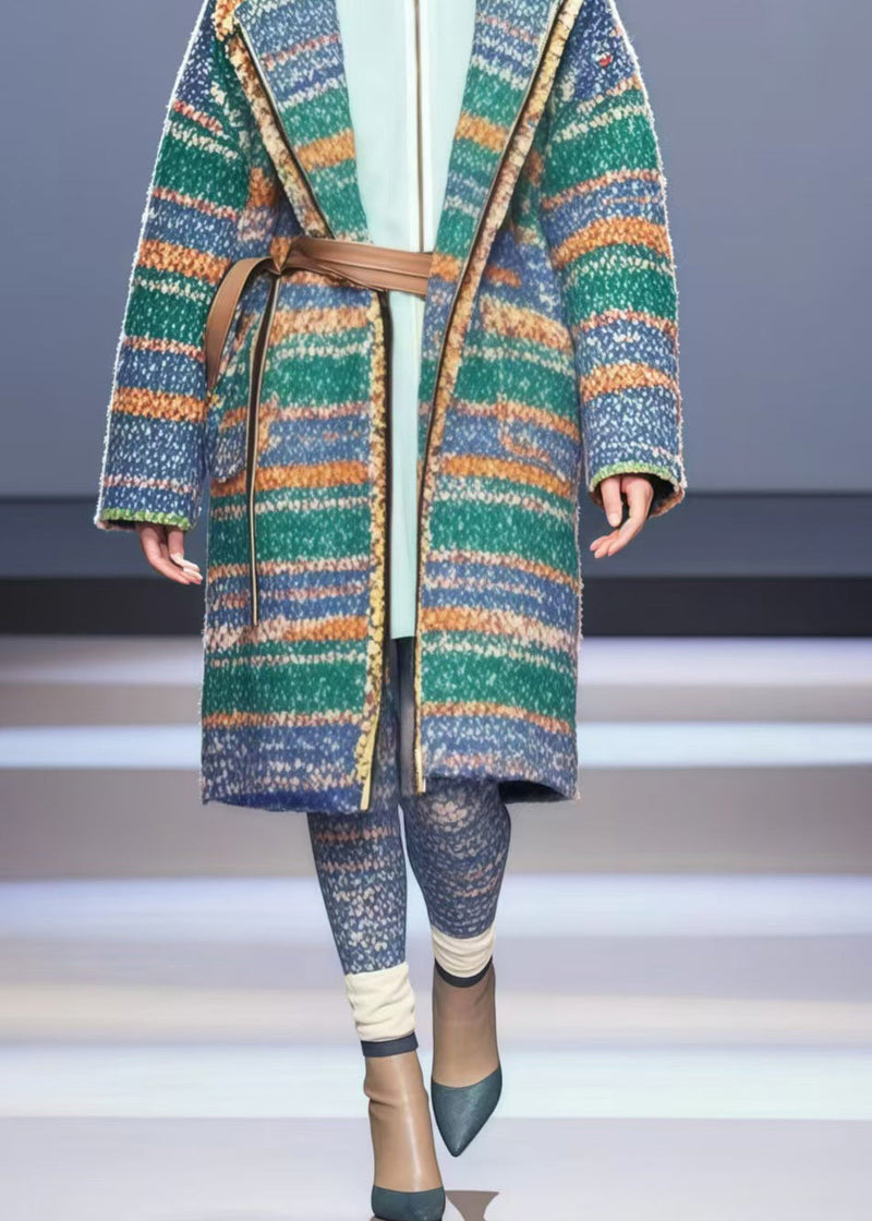 Colorblock Oversized Striped Woolen Trench Fall