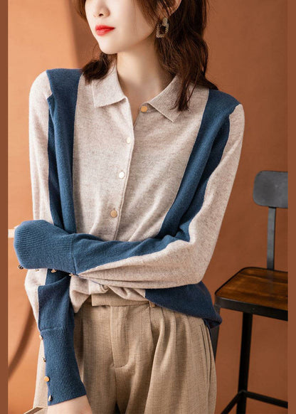 Colorblock Peter Pan Collar Patchwork Cashmere Cardigans Spring