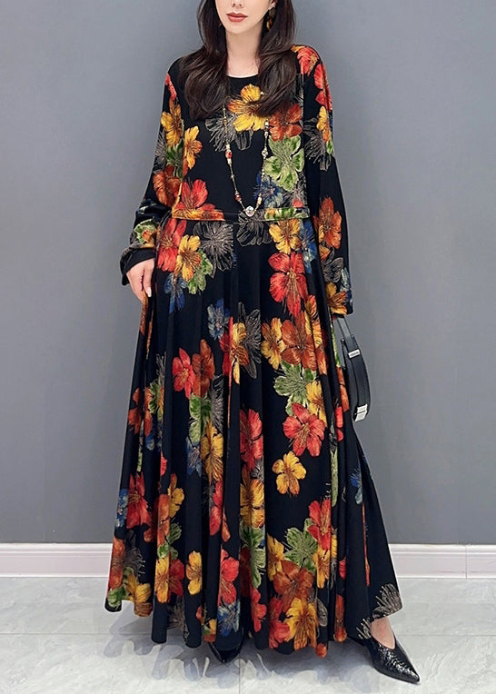 Colorblock Print Wrinkled Patchwork Cotton Long Dress Fall