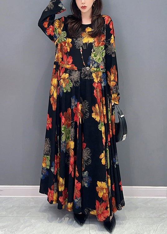 Colorblock Print Wrinkled Patchwork Cotton Long Dress Fall