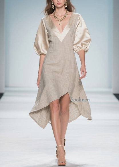 Colorblock Puff Sleeve Patchwork Linen Silk Dresses