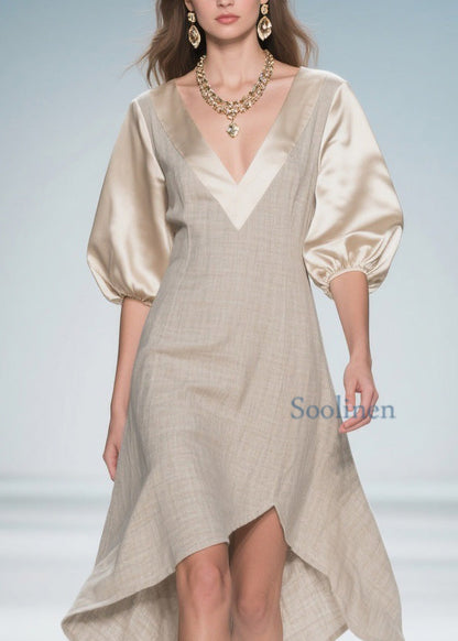 Colorblock Puff Sleeve Patchwork Linen Silk Dresses
