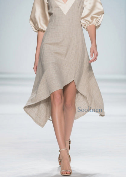 Colorblock Puff Sleeve Patchwork Linen Silk Dresses