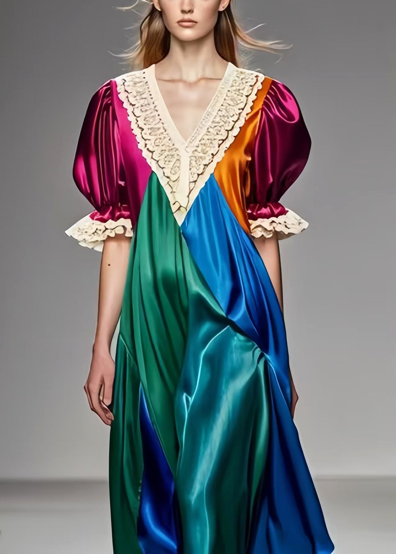 Colorblock Puff Sleeve Patchwork Silk Dress Summer