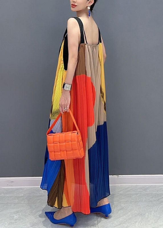 Colorblock Slash Neck Wrinkled Maxi Dress Sleeveless