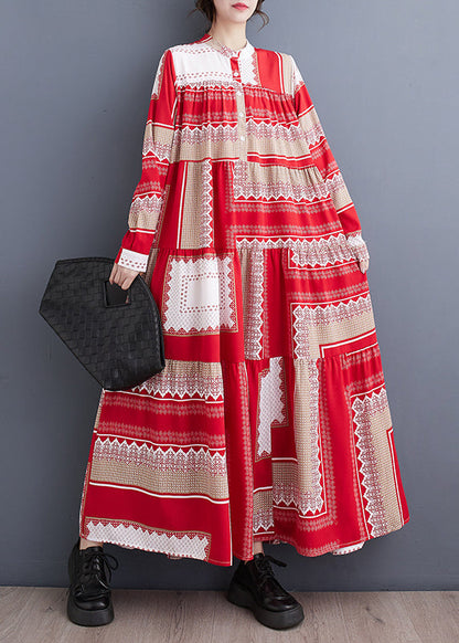 Colorblock Stand Collar Print Asymmetrical Patchwork Robe Dresses Spring