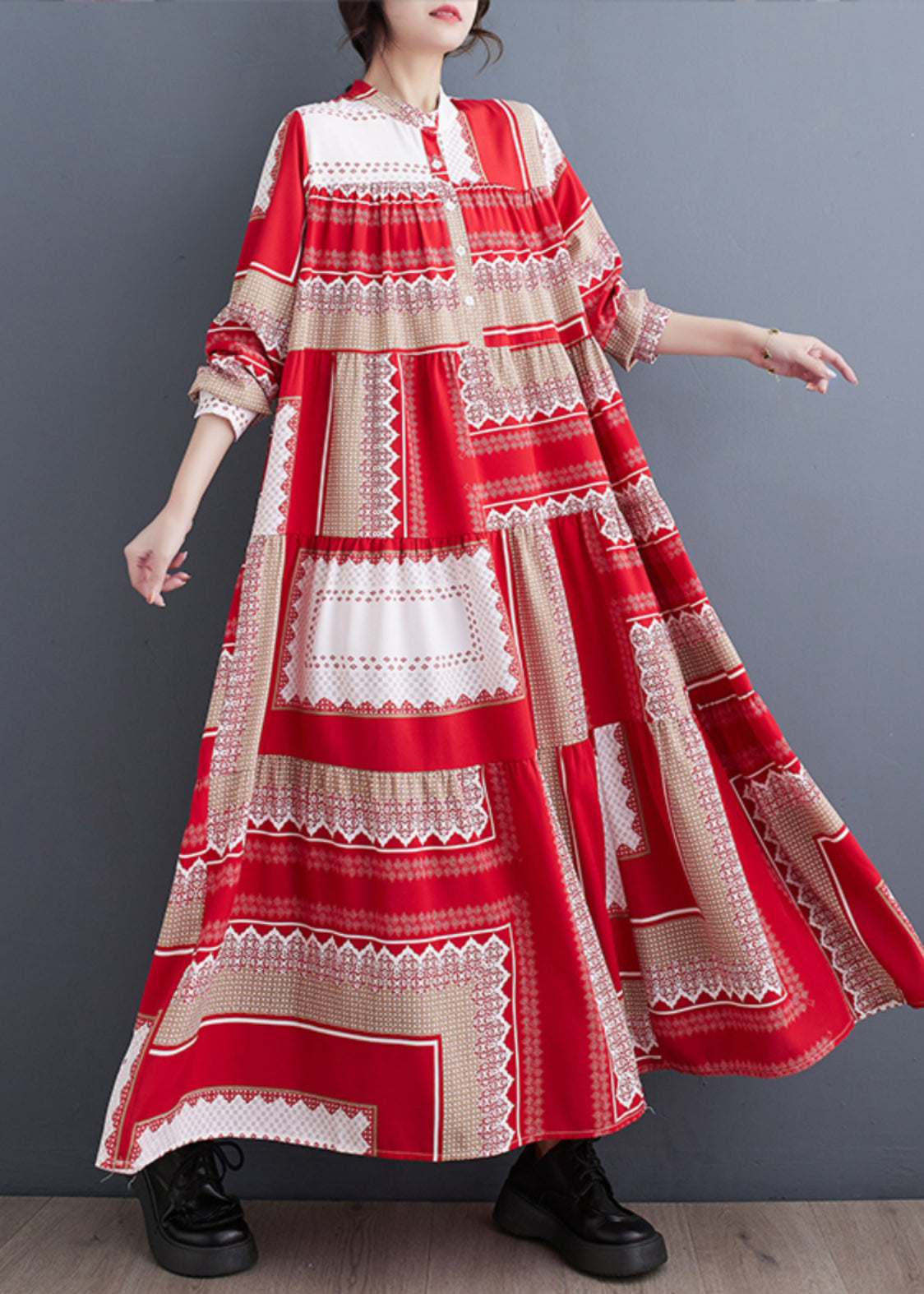 Colorblock Stand Collar Print Asymmetrical Patchwork Robe Dresses Spring