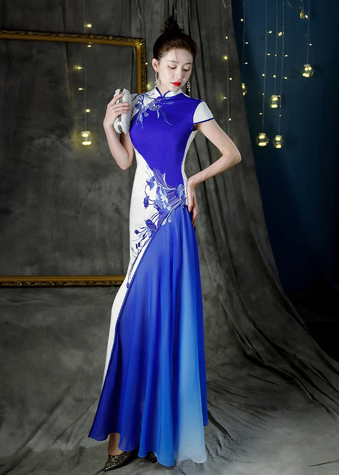 Colorblock Stand Collar Print Patchwork Maxi Dresses Summer