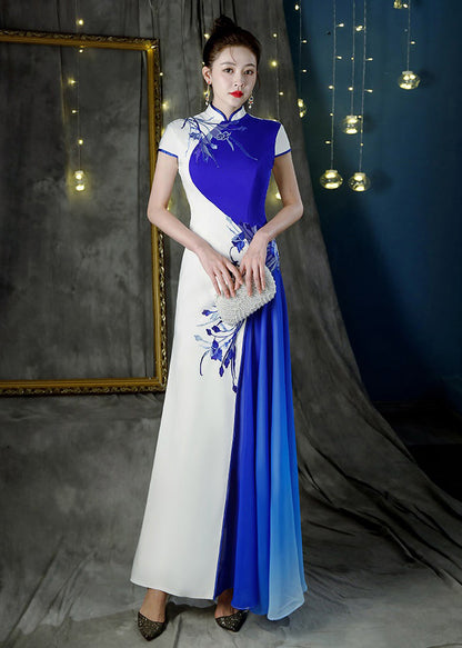 Colorblock Stand Collar Print Patchwork Maxi Dresses Summer