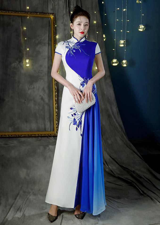 Colorblock Stand Collar Print Patchwork Maxi Dresses Summer