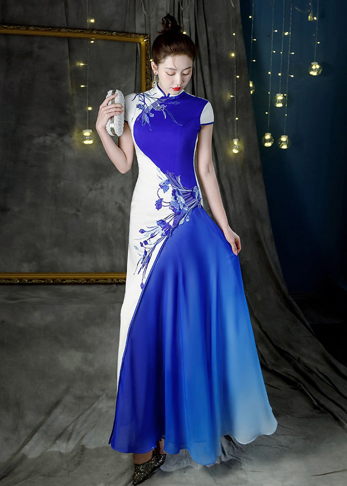 Colorblock Stand Collar Print Patchwork Maxi Dresses Summer