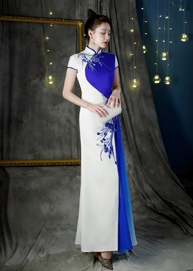 Colorblock Stand Collar Print Patchwork Maxi Dresses Summer
