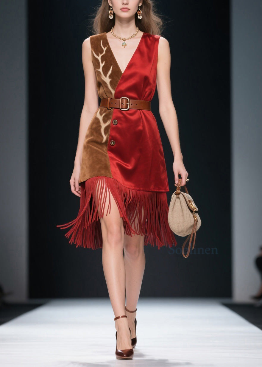 Colorblock Tassel Patchwork Velvet Dresses Sleeveless