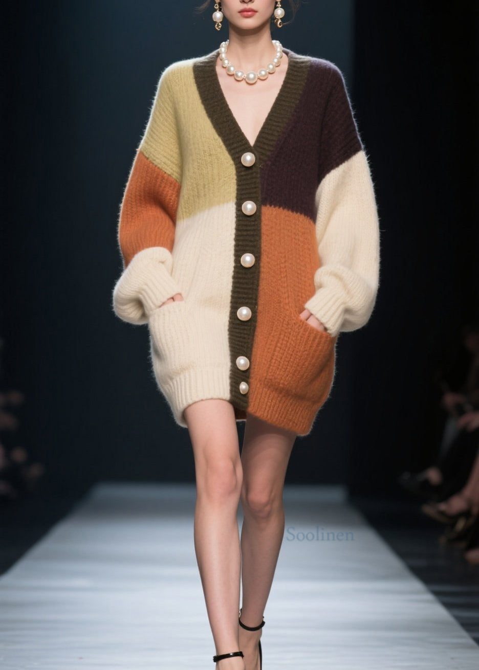 Colorblock V Neck Button Patchwork Knit Loose Coat Fall