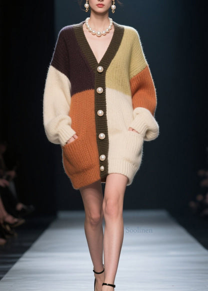 Colorblock V Neck Button Patchwork Knit Loose Coat Fall