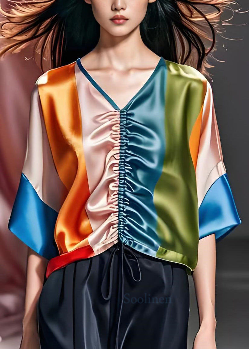 Colorblock V Neck Cinched Silk Top Summer