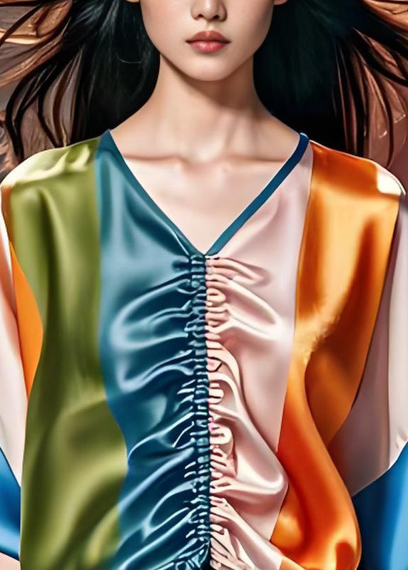Colorblock V Neck Cinched Silk Top Summer