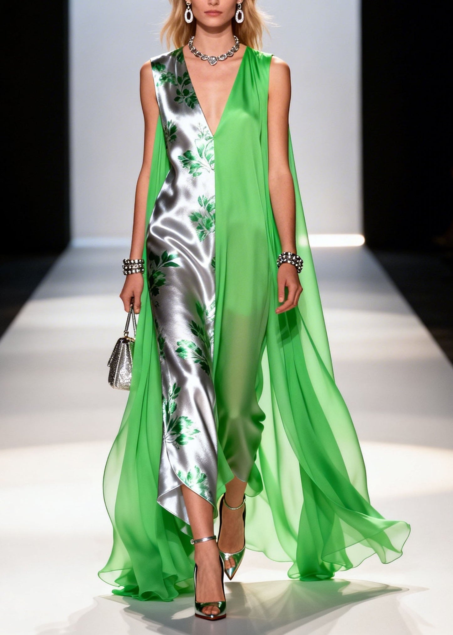 Colorblock V Neck Patchwork Chiffon Dress Sleeveless