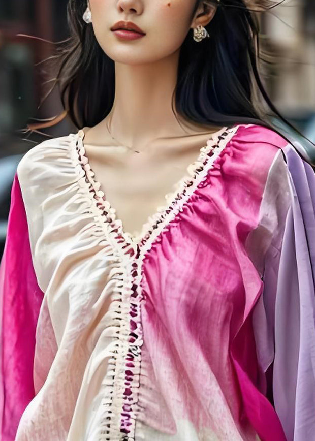 Colorblock V Neck Patchwork Cotton Tops Summer