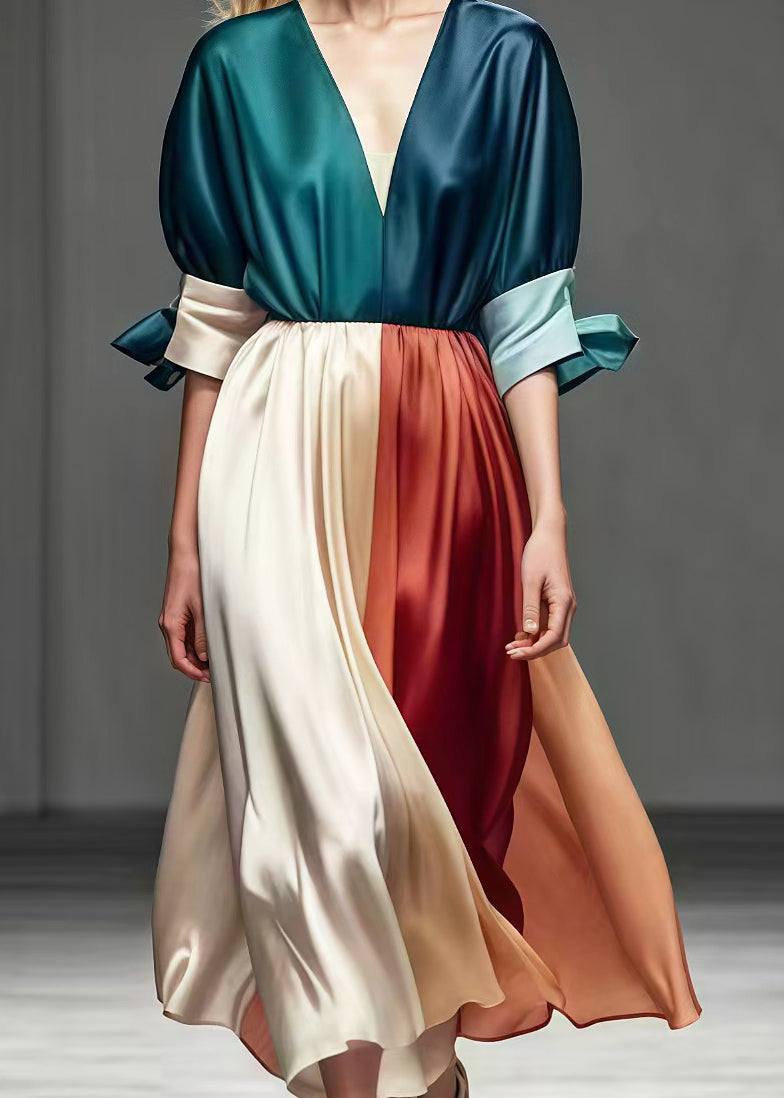 Colorblock V Neck Patchwork Exra Large Hem Silk Dress Summer