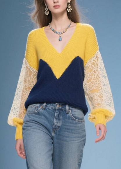 Colorblock V Neck Patchwork Lace Knit Pullover Winter