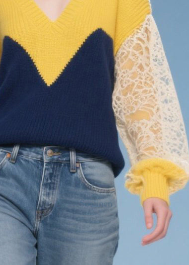 Colorblock V Neck Patchwork Lace Knit Pullover Winter