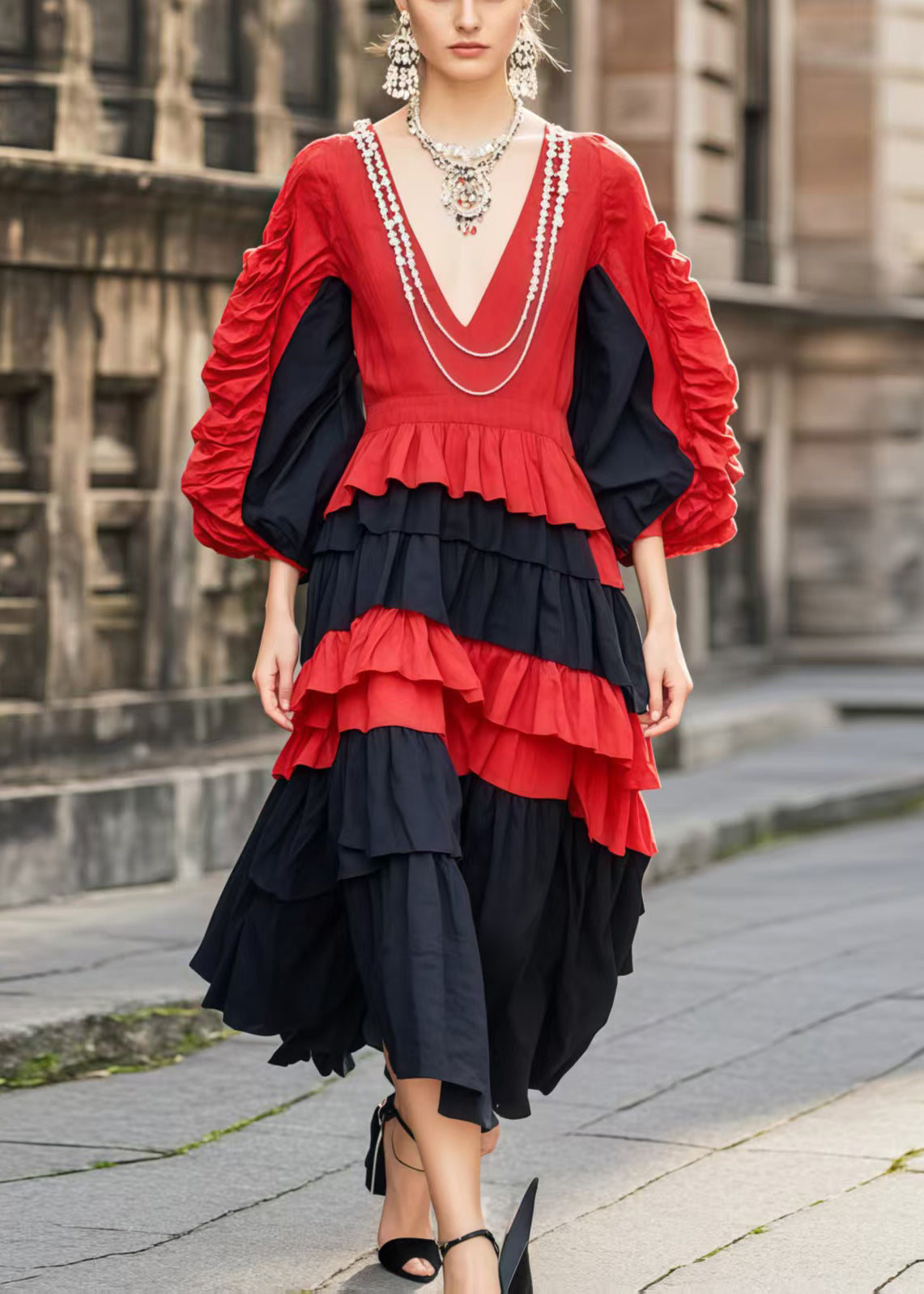 Colorblock V Neck Patchwork Wrinkled Cotton Dress Spring