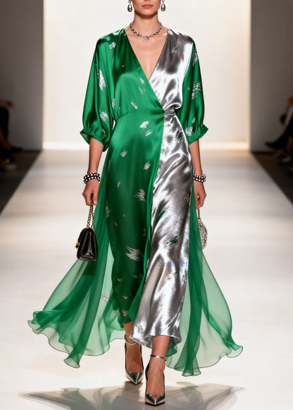 Colorblock V Neck Print Chiffon Long Dresses Summer