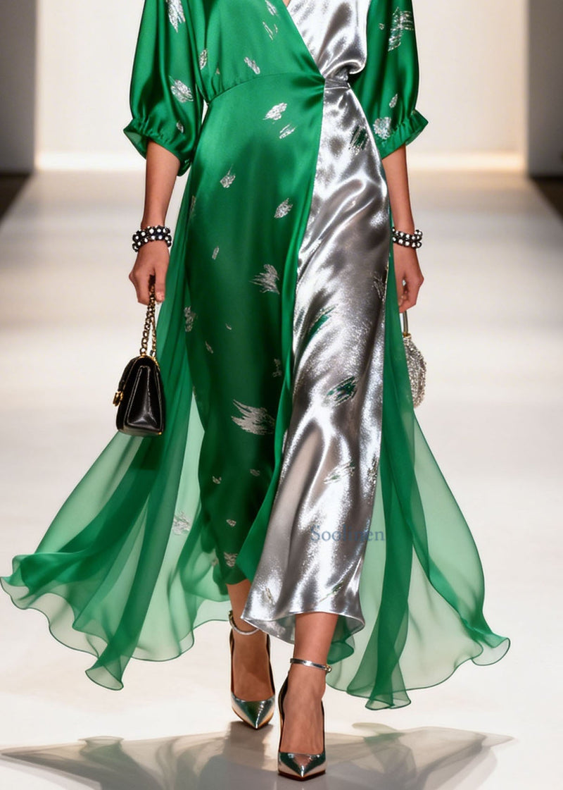 Colorblock V Neck Print Chiffon Long Dresses Summer